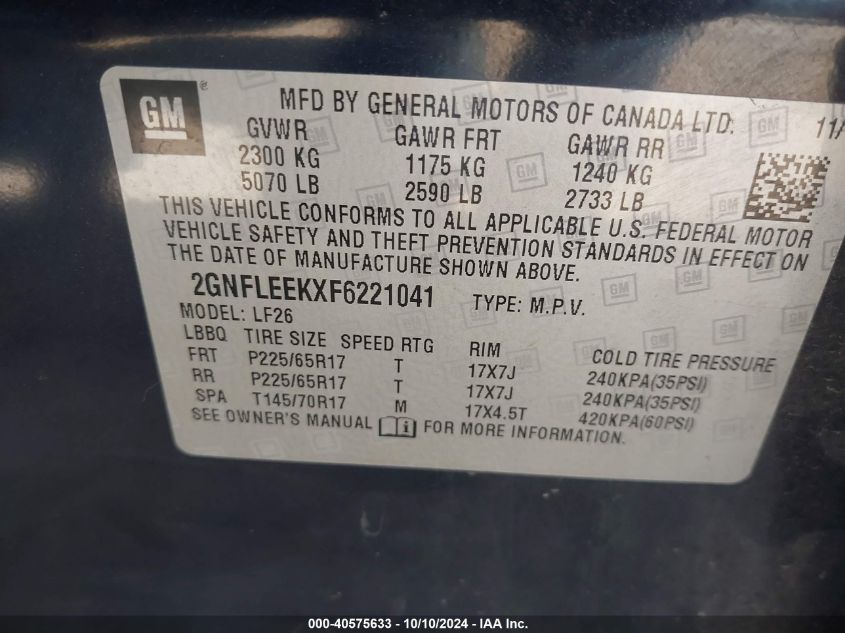 2GNFLEEKXF6221041 2015 Chevrolet Equinox Ls