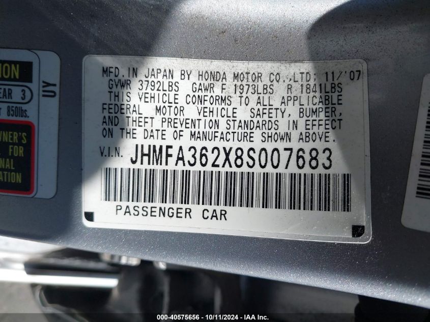 JHMFA362X8S007683 2008 Honda Civic Hybrid