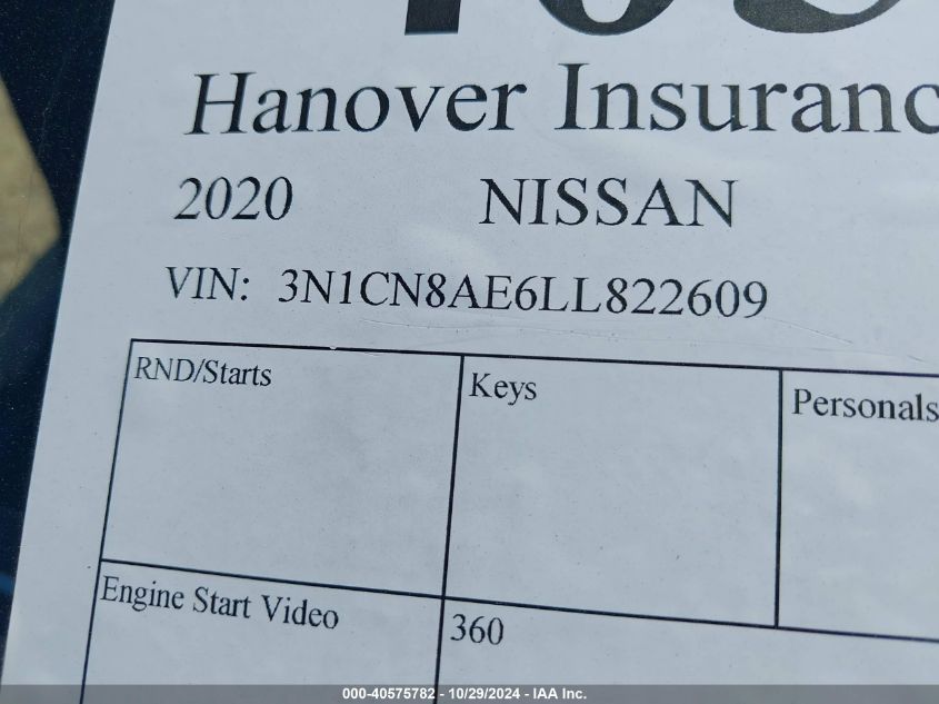 2020 Nissan Versa VIN: 3N1CN8AE6LL822609 Lot: 40575782