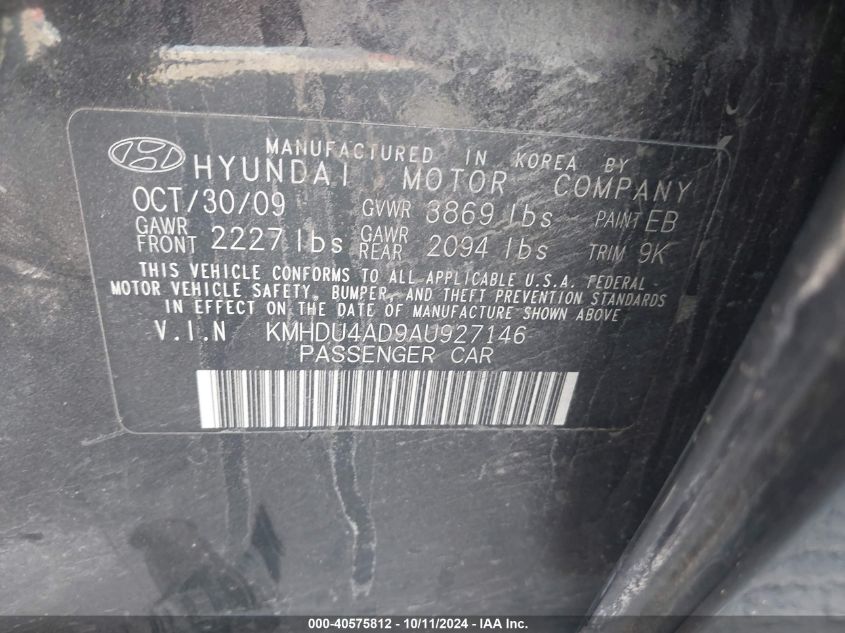 KMHDU4AD9AU927146 2010 Hyundai Elantra Gls