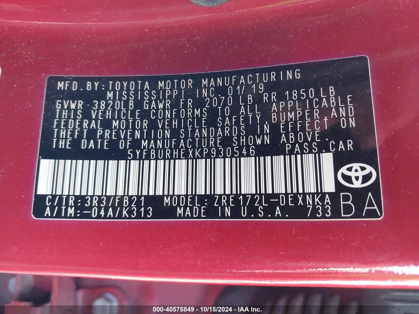 VIN 5YFBURHEXKP930546 2019 TOYOTA COROLLA LE