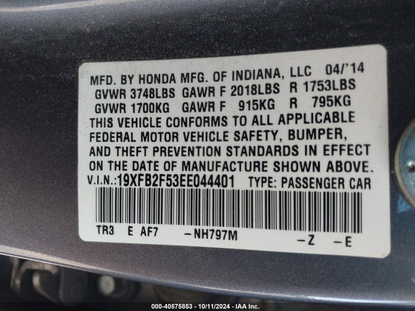 2014 Honda Civic Lx VIN: 19XFB2F53EE044401 Lot: 40575853