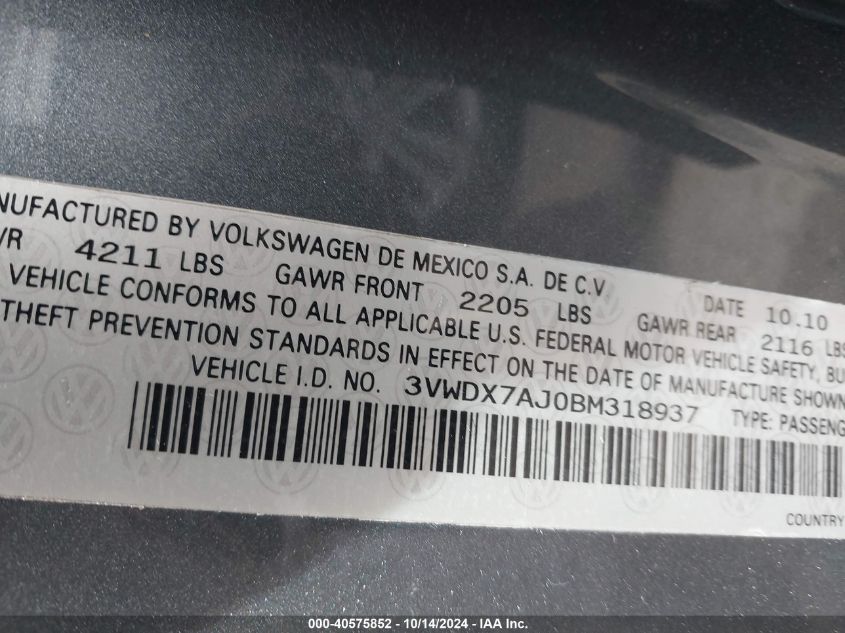 2011 Volkswagen Jetta 2.5L Se VIN: 3VWDX7AJ0BM318937 Lot: 40575852