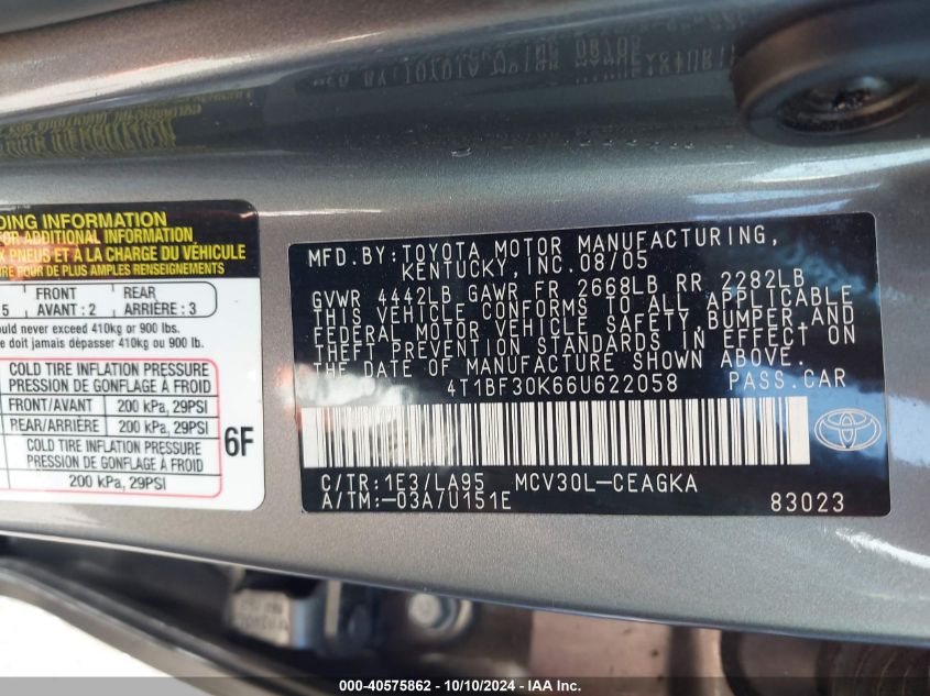 4T1BF30K66U622058 2006 Toyota Camry Xle V6