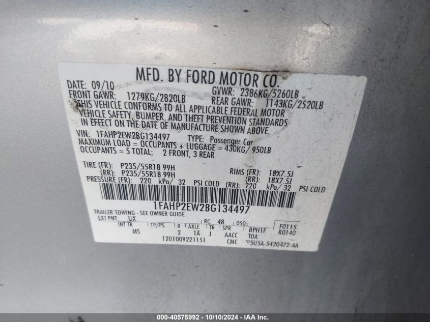 1FAHP2EW2BG134497 2011 Ford Taurus Sel