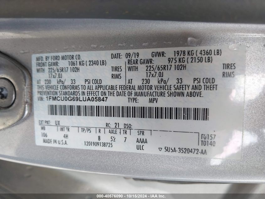 2020 Ford Escape Se VIN: 1FMCU0G69LUA05847 Lot: 40576090