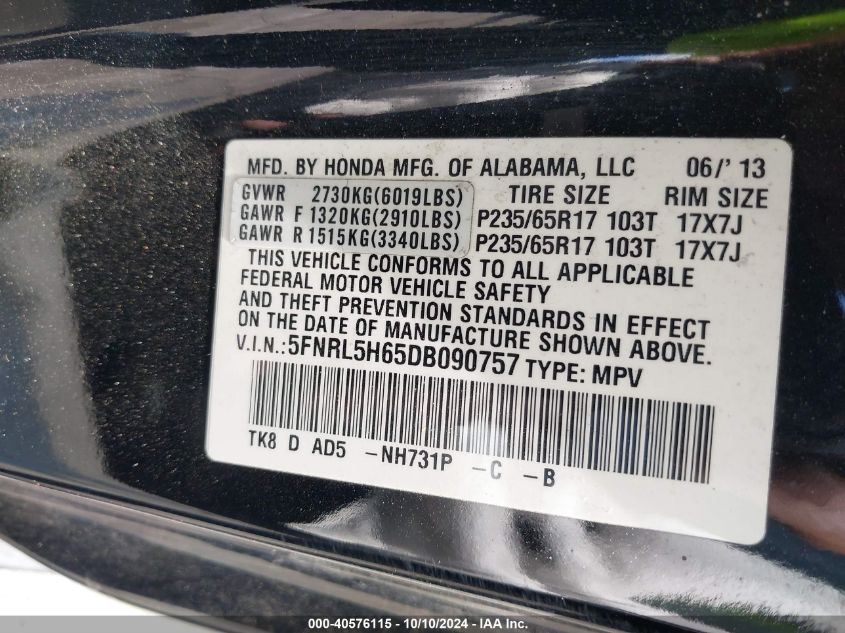 5FNRL5H65DB090757 2013 Honda Odyssey Ex-L