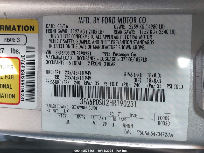 2017 Ford Fusion Energi Platinum VIN: 3FA6P0SU2HR190231 Lot: 40576168