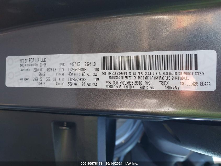 VIN 3C6TRVCGXHE519916 2017 RAM PROMASTER 2500 HIGH ROOF 136 WB