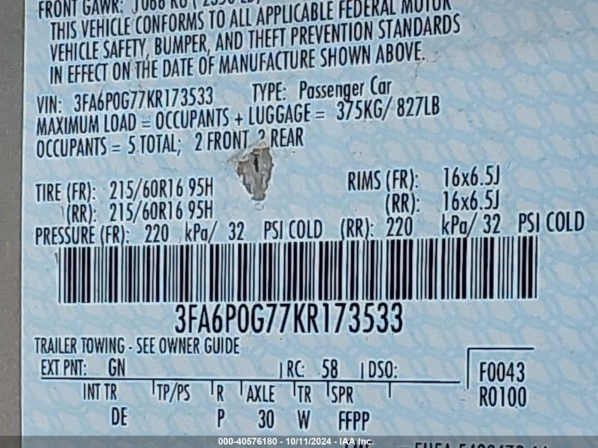 3FA6P0G77KR173533 2019 Ford Fusion S