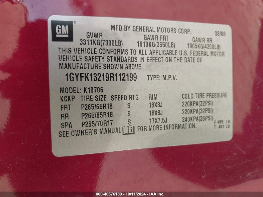 2009 Cadillac Escalade Standard VIN: 1GYFK13219R112199 Lot: 40576189