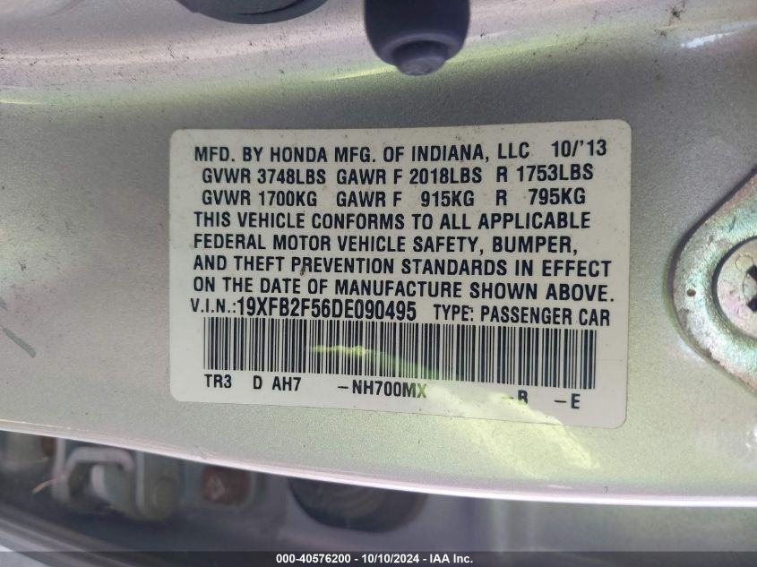 2013 Honda Civic Lx VIN: 19XFB2F56DE090495 Lot: 40576200