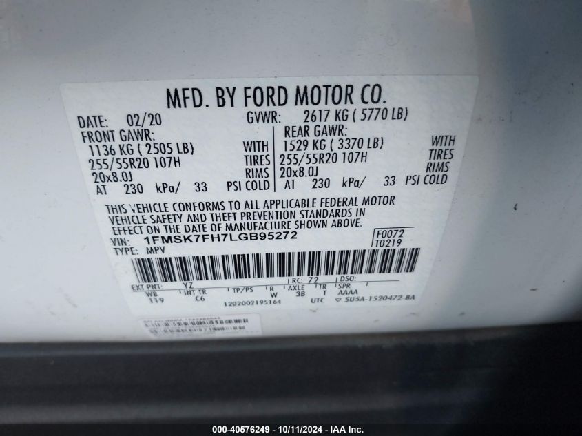 1FMSK7FH7LGB95272 2020 Ford Explorer Limited