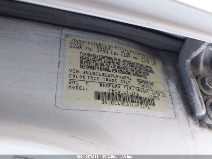 3N1BC13E87L443591 2007 Nissan Versa 1.8Sl