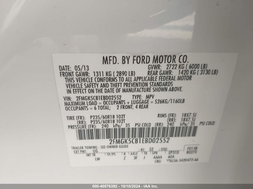 2FMGK5C81EBD02552 2014 Ford Flex Sel