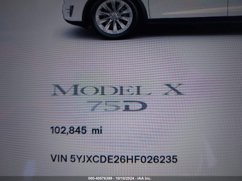 2017 Tesla Model X 100D/75D/90D VIN: 5YJXCDE26HF026235 Lot: 40576399