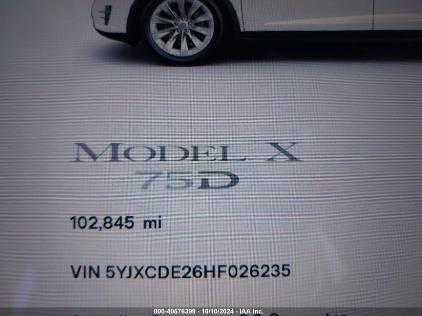 2017 Tesla Model X 100D/75D/90D VIN: 5YJXCDE26HF026235 Lot: 40576399