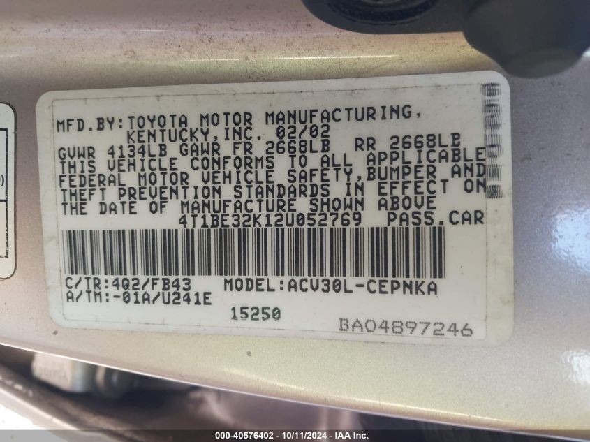 4T1BE32K12U052769 2002 Toyota Camry Le/Xle/Se