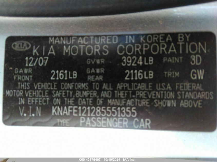 2008 Kia Spectra Ex VIN: KNAFE121285551355 Lot: 40576407