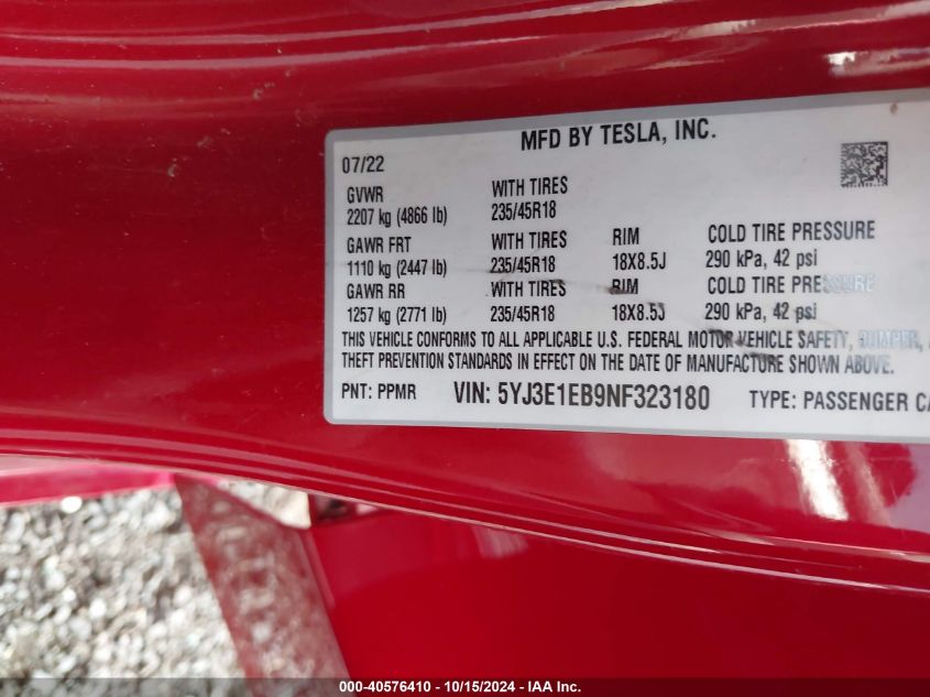 2022 Tesla Model 3 Long Range Dual Motor All-Wheel Drive VIN: 5YJ3E1EB9NF323180 Lot: 40576410