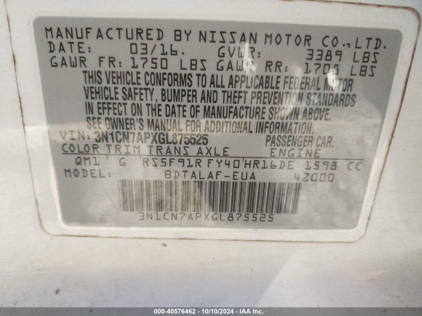 3N1CN7APXGL875525 2016 Nissan Versa 1.6 S