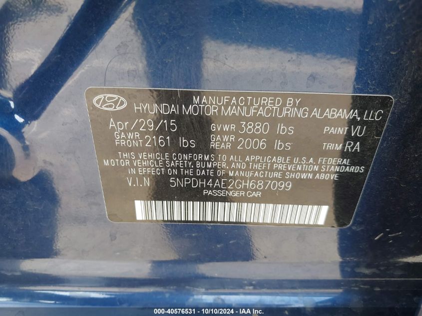 5NPDH4AE2GH687099 2016 Hyundai Elantra Se