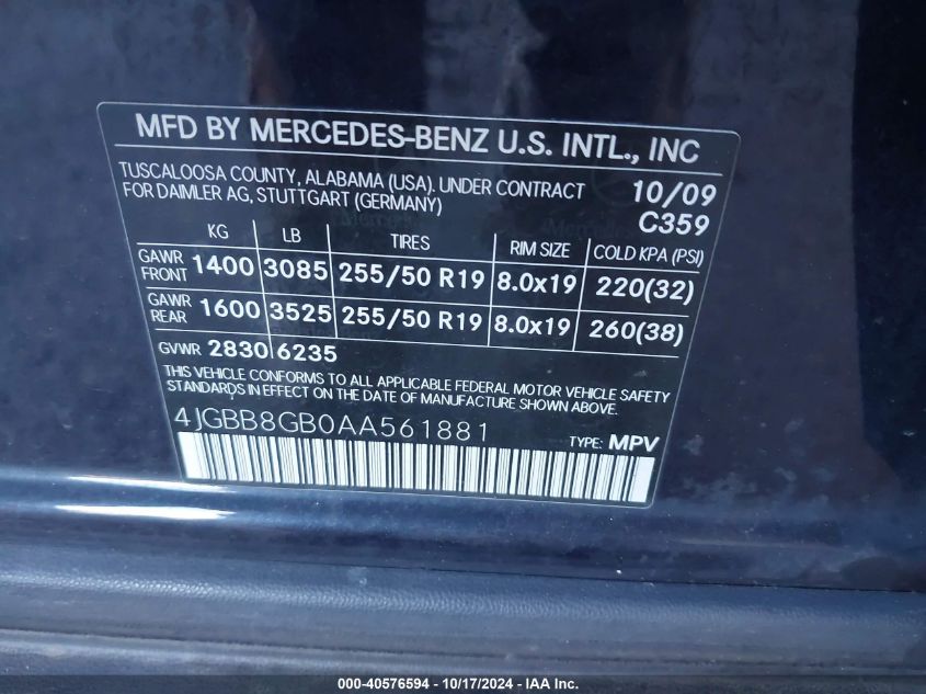 2010 Mercedes-Benz Ml 350 4Matic VIN: 4JGBB8GB0AA561881 Lot: 40576594