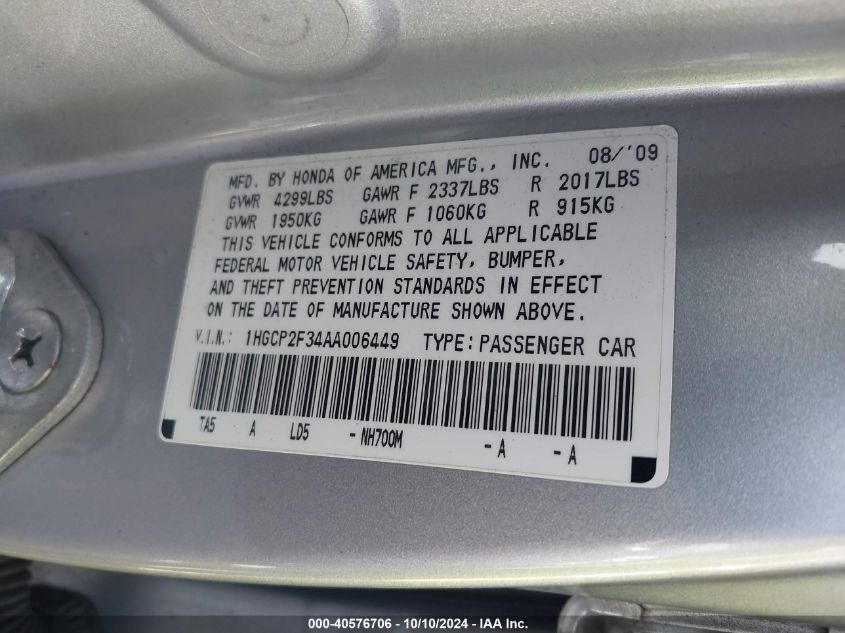 1HGCP2F34AA006449 2010 Honda Accord 2.4 Lx