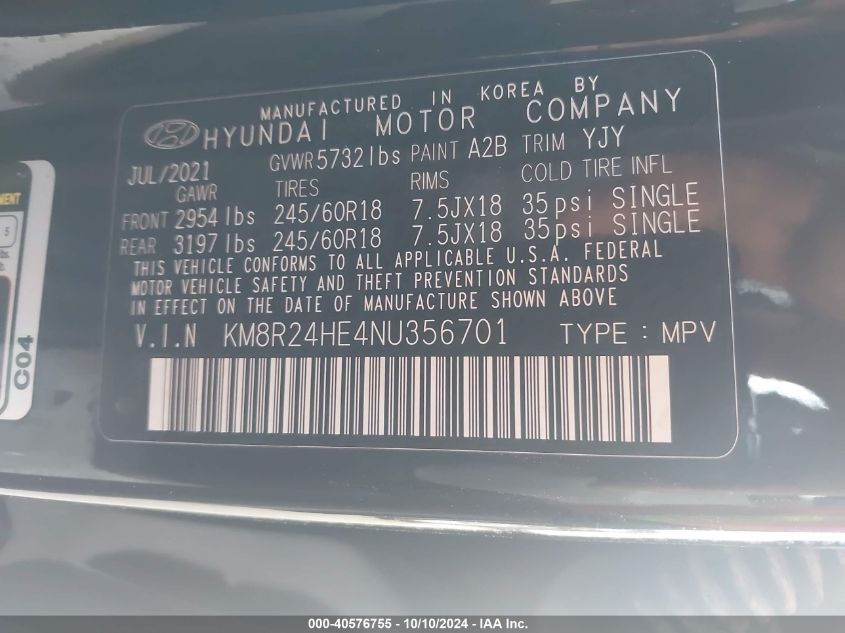 2022 Hyundai Palisade Sel VIN: KM8R24HE4NU35670 Lot: 40576755