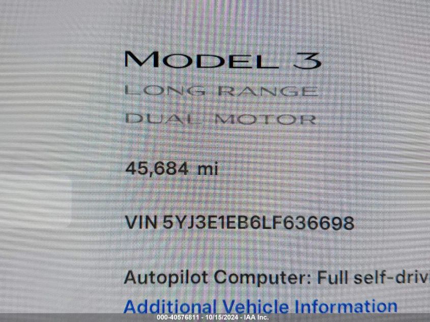 2020 Tesla Model 3 Long Range Dual Motor All-Wheel Drive VIN: 5YJ3E1EB6LF636698 Lot: 40576811