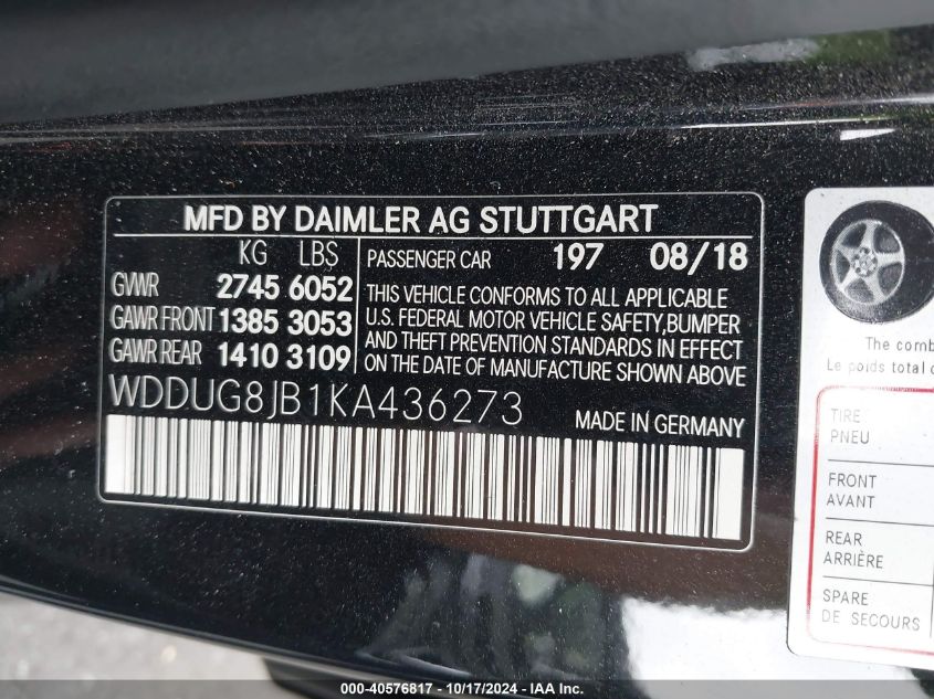 2019 Mercedes-Benz Amg S 63 4Matic VIN: WDDUG8JB1KA436273 Lot: 40576817