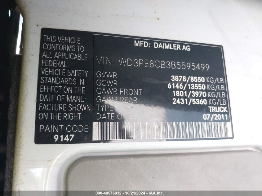 2011 Mercedes-Benz Sprinter 2500 High Roof VIN: WD3PE8CB3B5595499 Lot: 40576832
