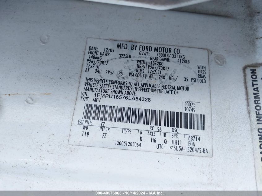 2006 Ford Expedition Xlt/Xlt Sport VIN: 1FMPU16576LA54328 Lot: 40576863