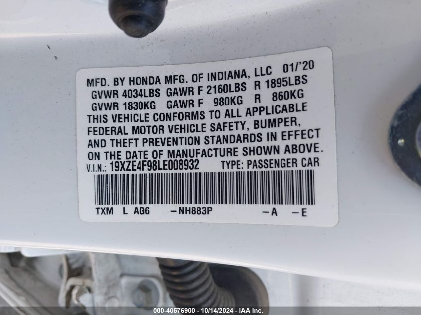 2020 Honda Insight Touring VIN: 19XZE4F98LE008932 Lot: 40576900