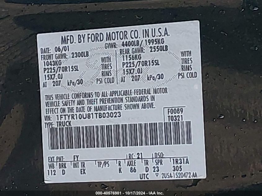 2001 Ford Ranger Edge/Xl/Xlt VIN: 1FTYR10U81TB03023 Lot: 40576981