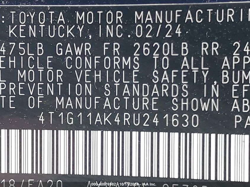 4T1G11AK4RU241630 2024 Toyota Camry Se