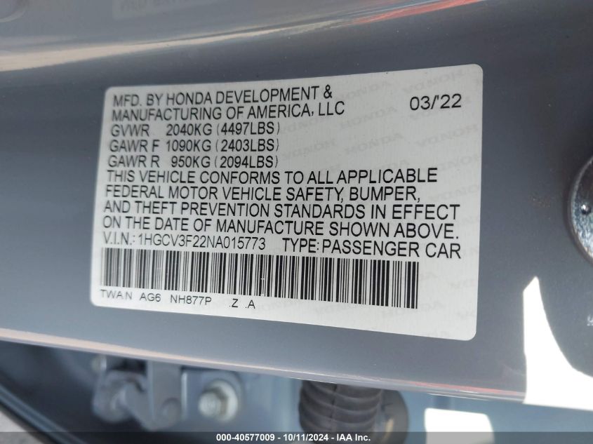 1HGCV3F22NA015773 2022 Honda Accord Hybrid Sport