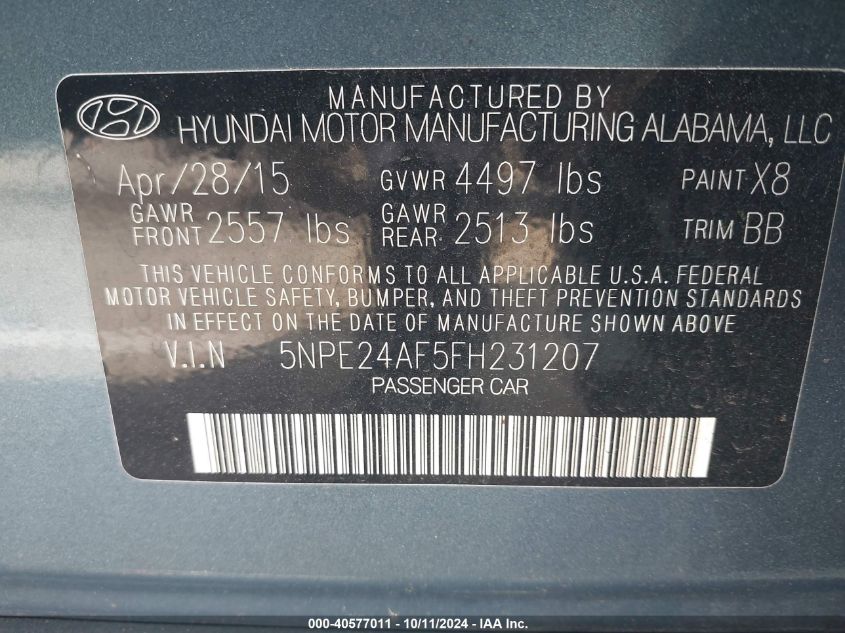 5NPE24AF5FH231207 2015 Hyundai Sonata Se