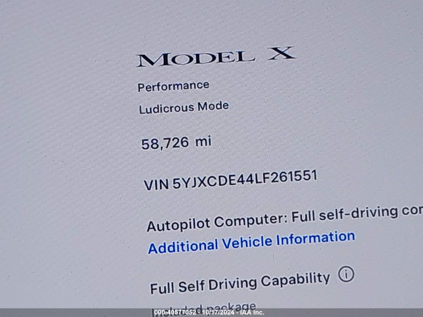 2020 Tesla Model X Performance Dual Motor All-Wheel Drive VIN: 5YJXCDE44LF261551 Lot: 40577052