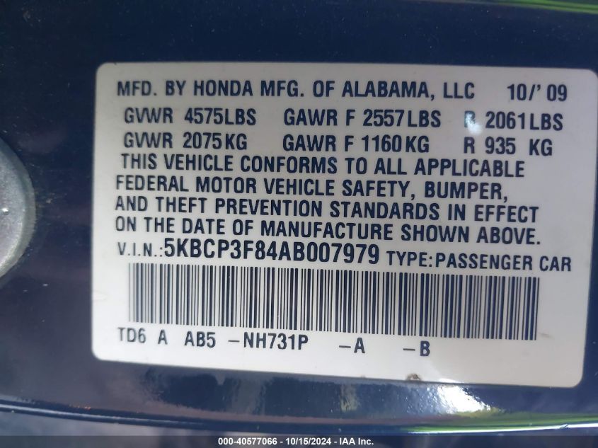 2010 Honda Accord 3.5 Ex-L VIN: 5KBCP3F84AB007979 Lot: 40577066