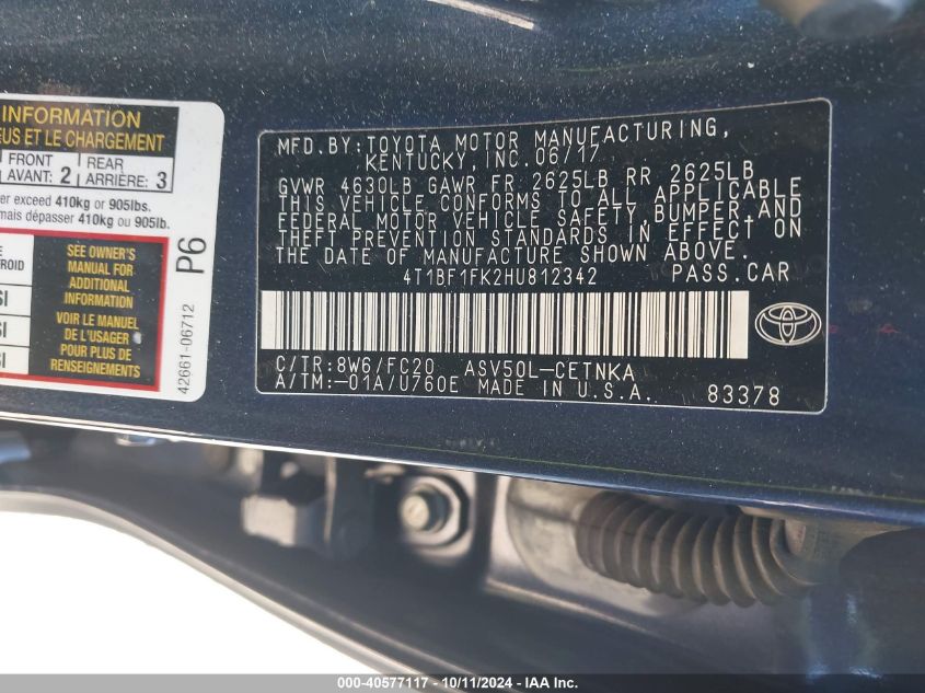 4T1BF1FK2HU812342 2017 Toyota Camry Le/Xle/Se/Xse