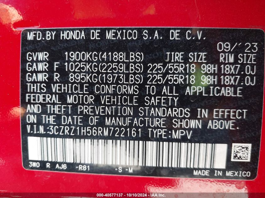 2024 Honda Hr-V 2Wd Sport/2Wd Sport W/O Bsi VIN: 3CZRZ1H56RM722161 Lot: 40577137