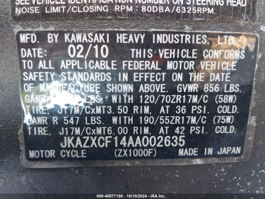 2010 Kawasaki Zx1000 F VIN: JKAZXCF14AA002635 Lot: 40577188