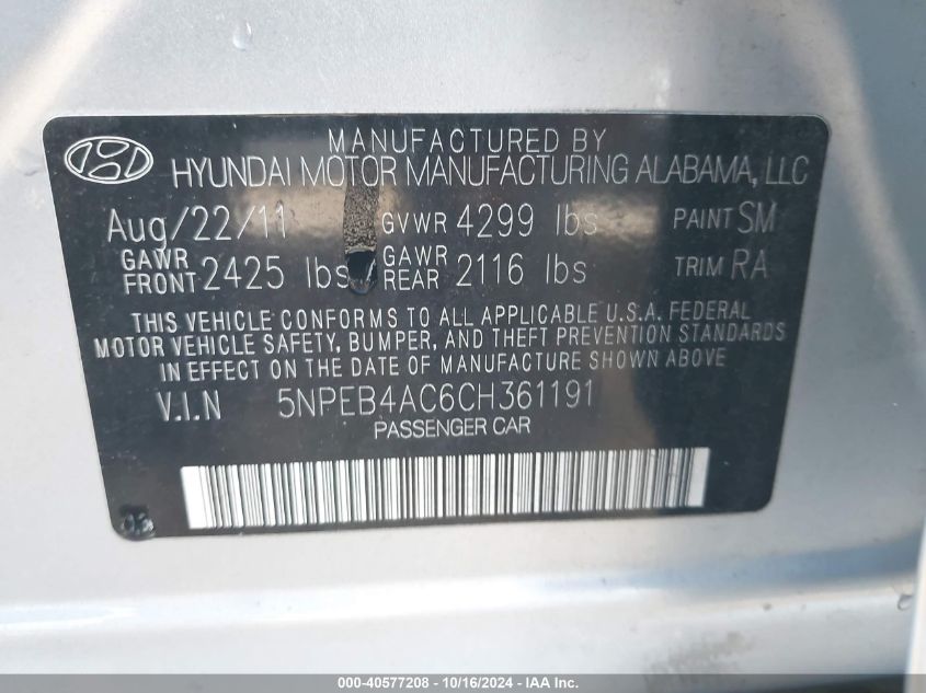 2012 Hyundai Sonata Gls VIN: 5NPEB4AC6CH361191 Lot: 40577208