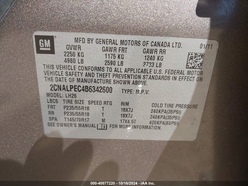 2011 Chevrolet Equinox 2Lt VIN: 2CNALPEC4B6342600 Lot: 40577220