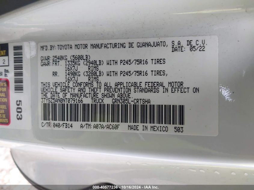 2022 Toyota Tacoma Sr V6 VIN: 3TYSZ5AN0NT079166 Lot: 40577236