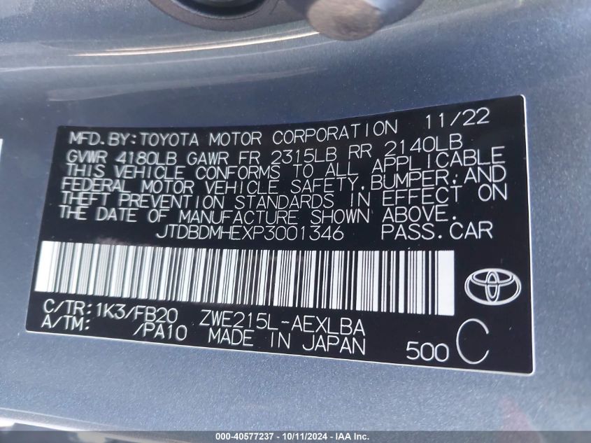 JTDBDMHEXP3001346 2023 Toyota Corolla Hybrid Le