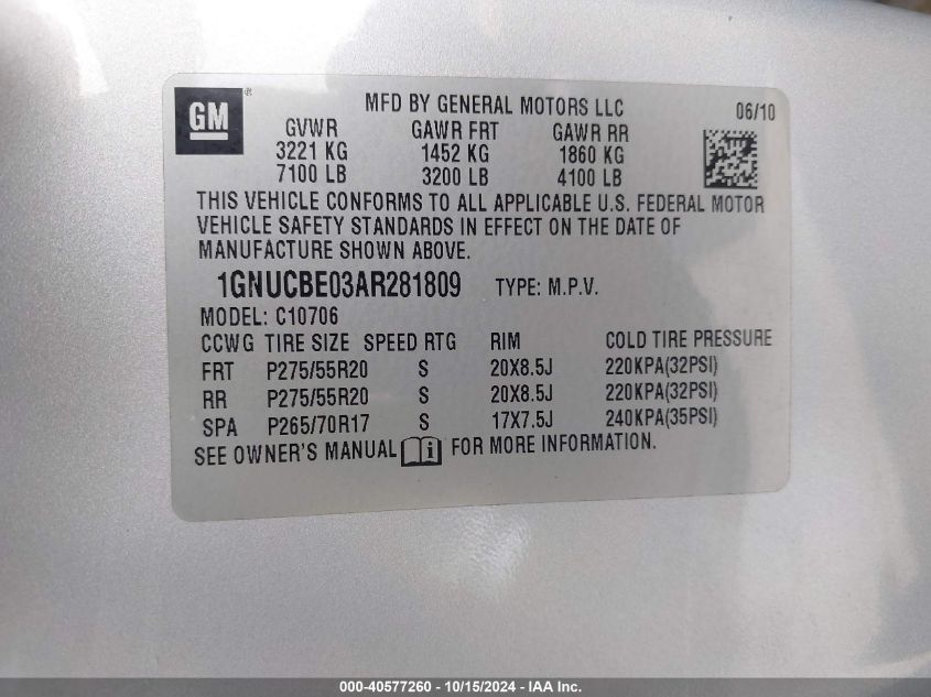 2010 Chevrolet Tahoe Lt VIN: 1GNUCBE03AR281809 Lot: 40577260