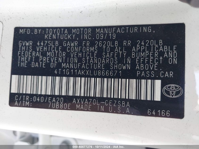 VIN 4T1G11AKXLU866671 2020 TOYOTA CAMRY no.9