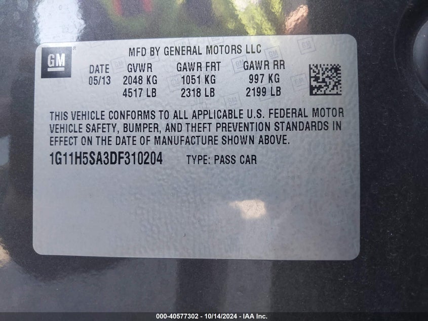 2013 Chevrolet Malibu Ltz VIN: 1G11H5SA3DF310204 Lot: 40577302